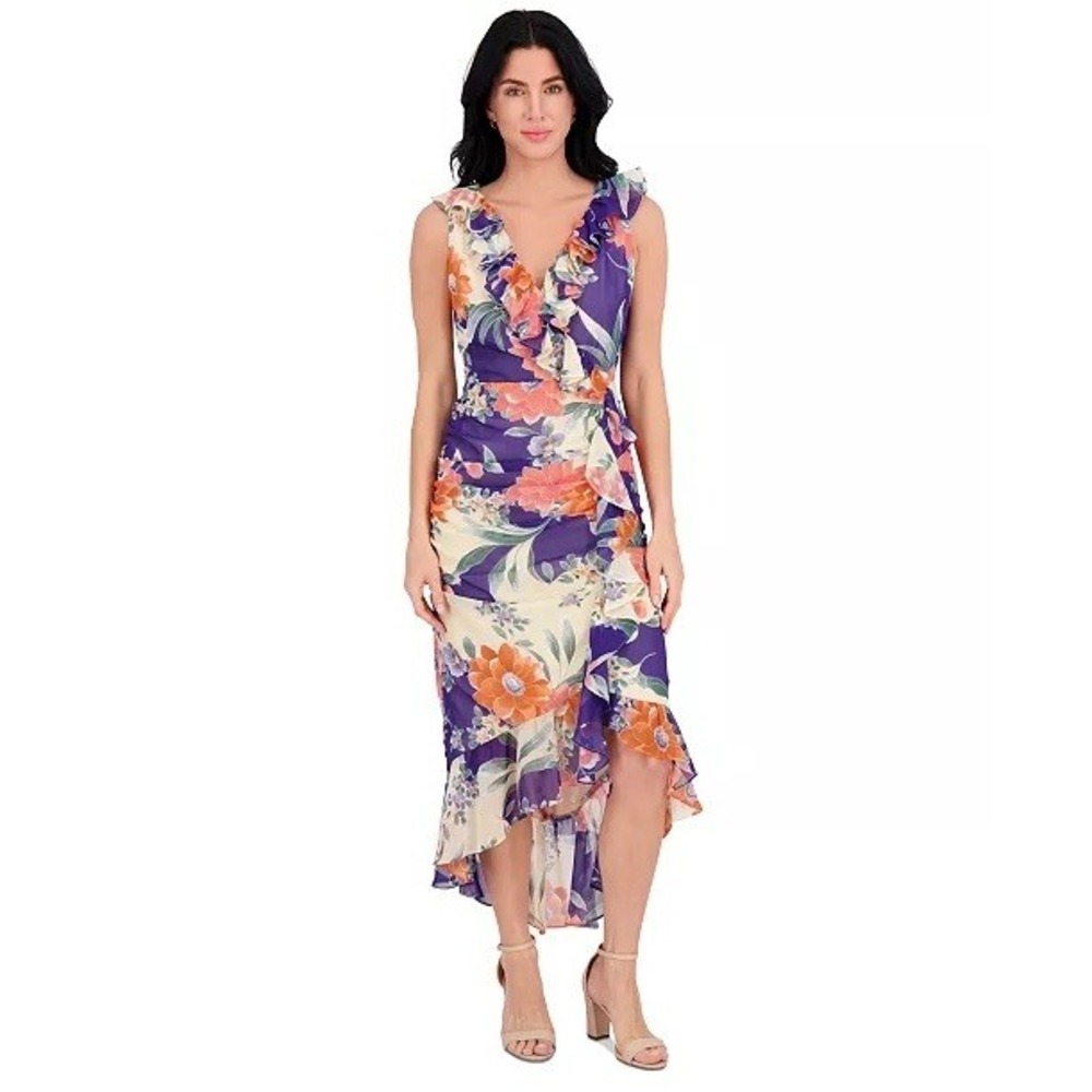 Kensie Maxi Dress Womens Blue Floral Ruffle High Low V-Neck Size 6 NWT